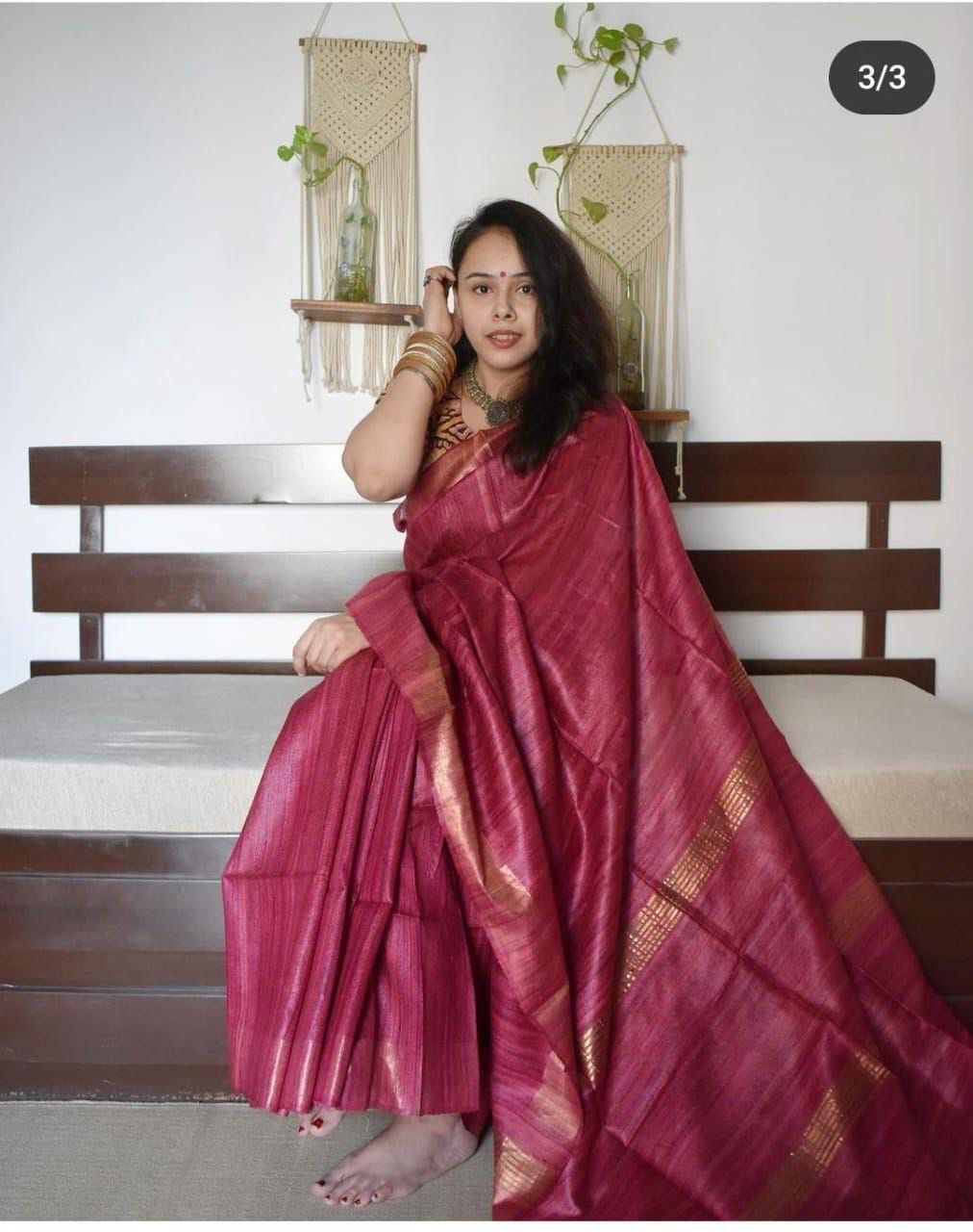 Black - Tusser Ghicha Plain Silk I Indara Saree