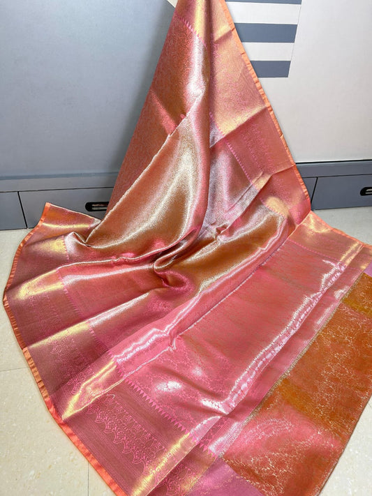 Rose Gold Banarasi Soft Silk Saree with Rich Golden Border I Indara Saree