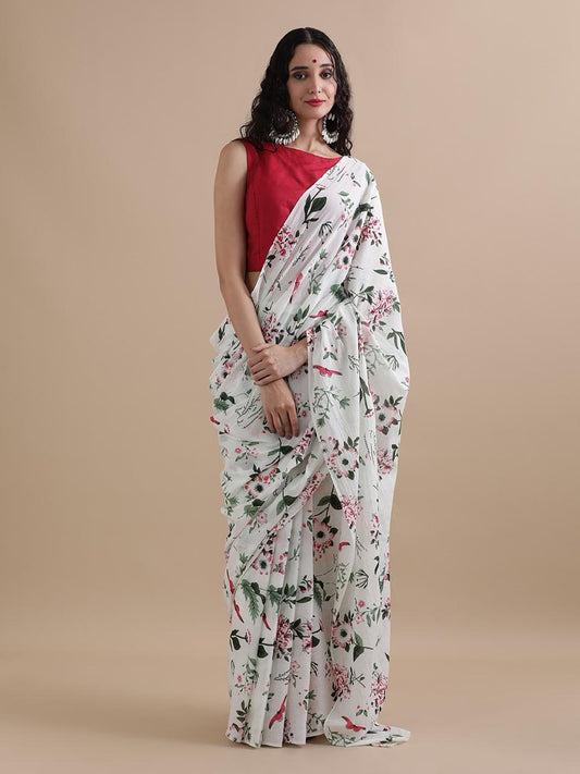 Ethereal Bloom – White Handloom Saree with Botanical Prints  I Indara Saree