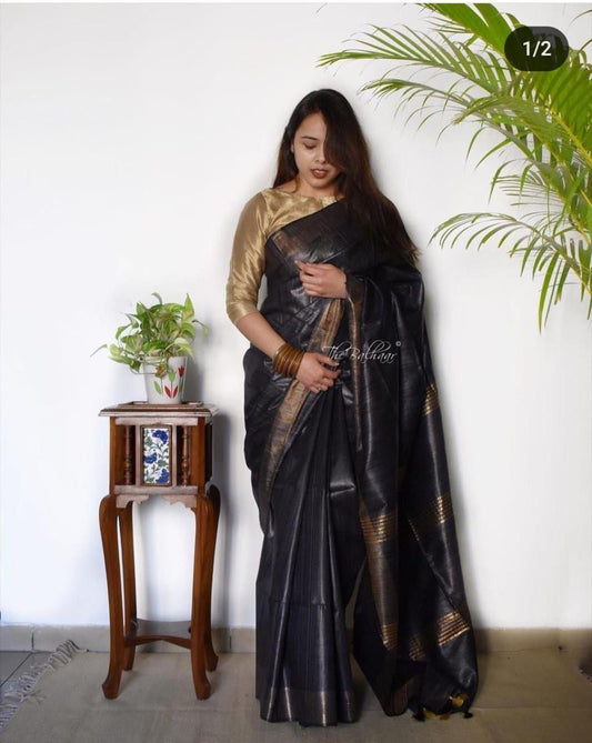 Black - Tusser Ghicha Plain Silk I Indara Saree