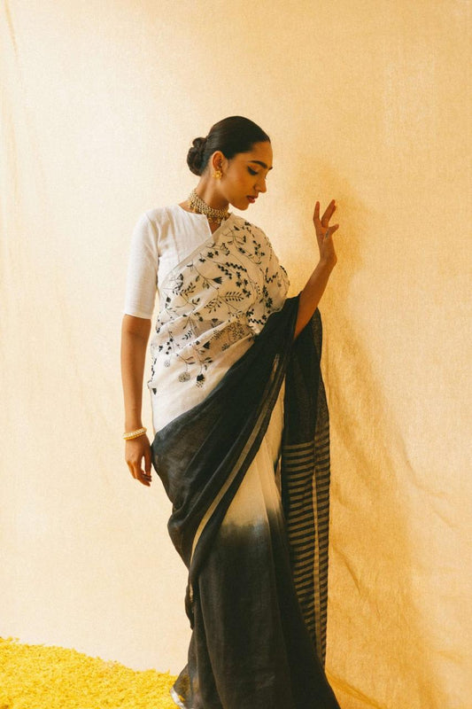 Black & White Pure Linen Saree with Artisan Embroidery I Indara Saree