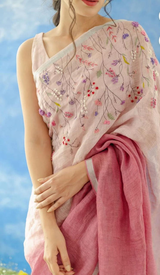 Ethereal Pastel Pink Linen Saree with Handcrafted Embroidery I Indara Saree