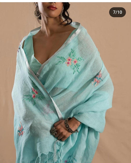 Elegant Mint Green Linen Saree with Subtle Embroidered Florals I Indara Saree