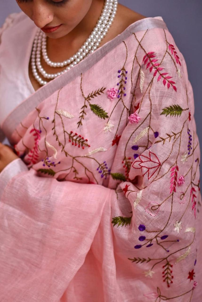 Baby Pink Linen Saree with Half & Half Embroidery Work I Indara Saree