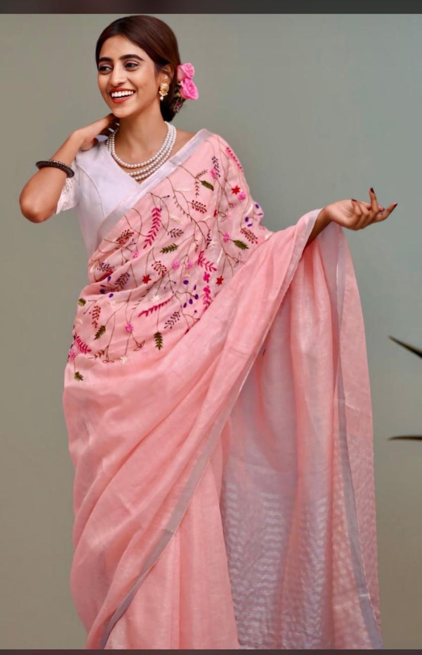Baby Pink Linen Saree with Half & Half Embroidery Work I Indara Saree