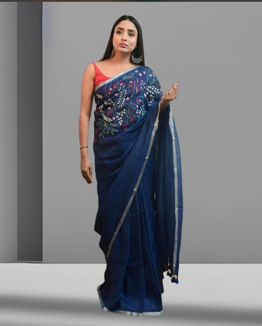 Rich Indigo Linen Saree Featuring Elegant Embroidery Accents I Indara Saree
