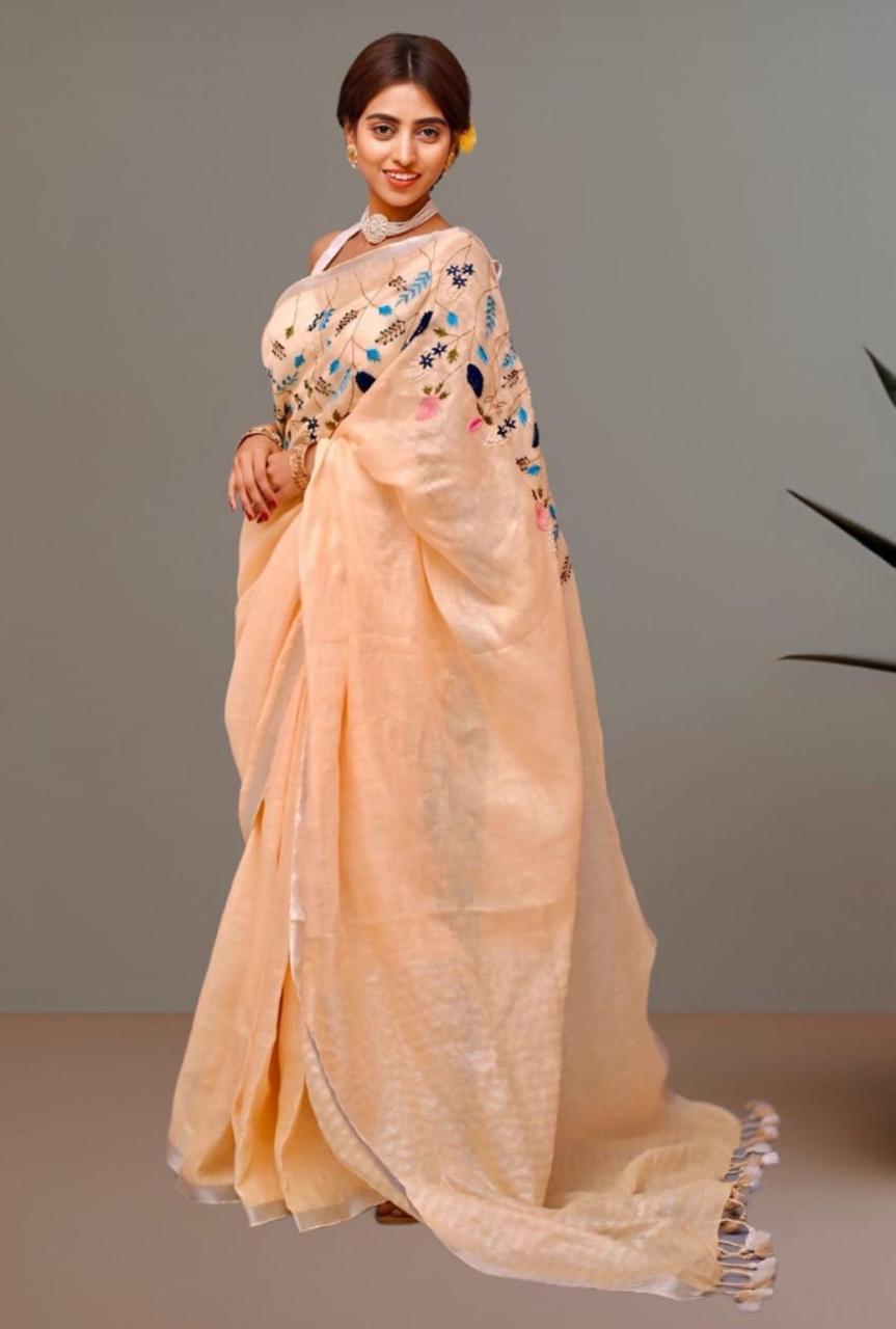 Soft Peach Linen Saree Adorned with Elegant Embroidery Work I Indara Saree