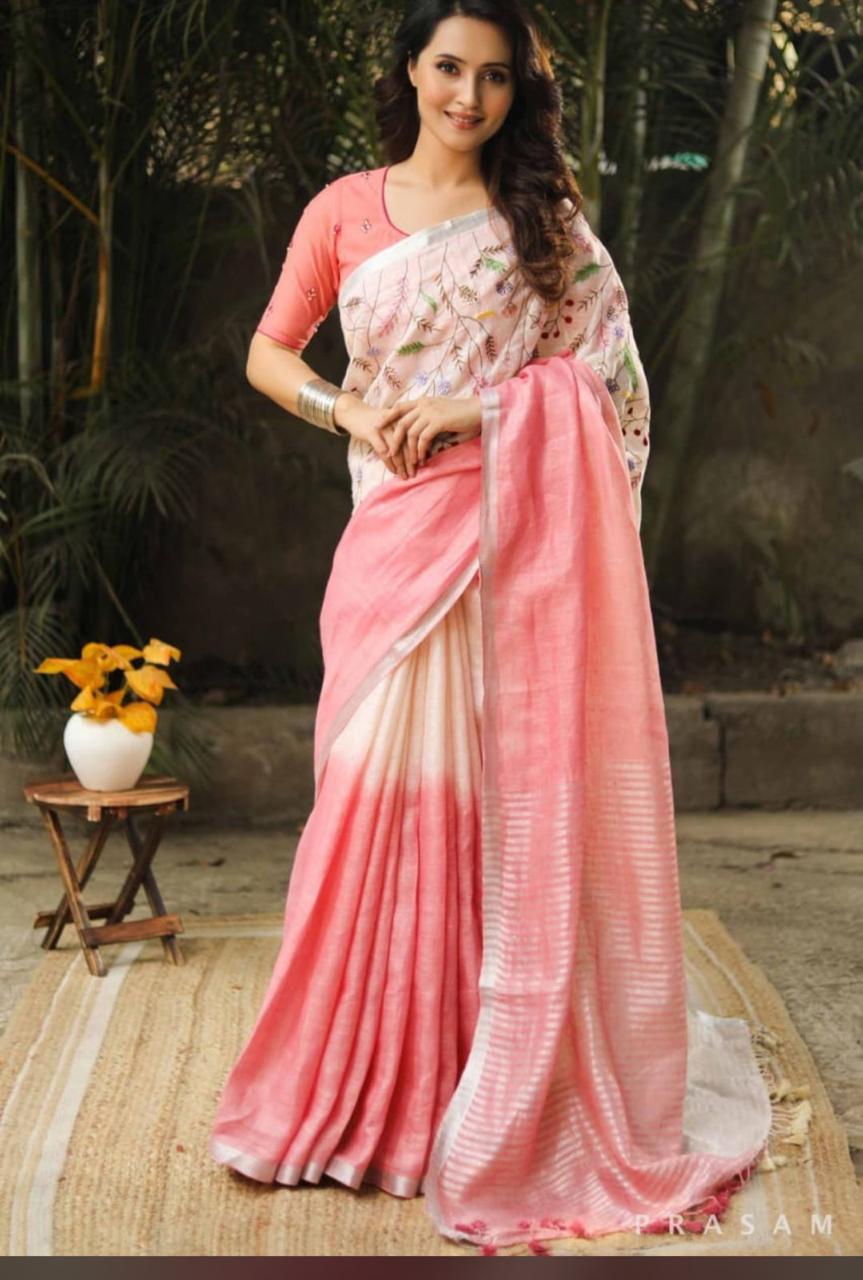 Ethereal Pastel Pink Linen Saree with Handcrafted Embroidery I Indara Saree