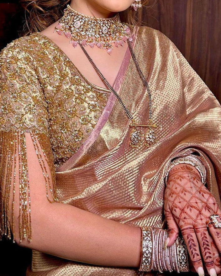 Gold Banarasi Soft Silk Saree with Stunning Contrast Border I Indara Saree