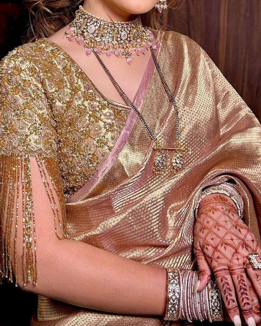 Gold Banarasi Soft Silk Saree with Stunning Contrast Border I Indara Saree