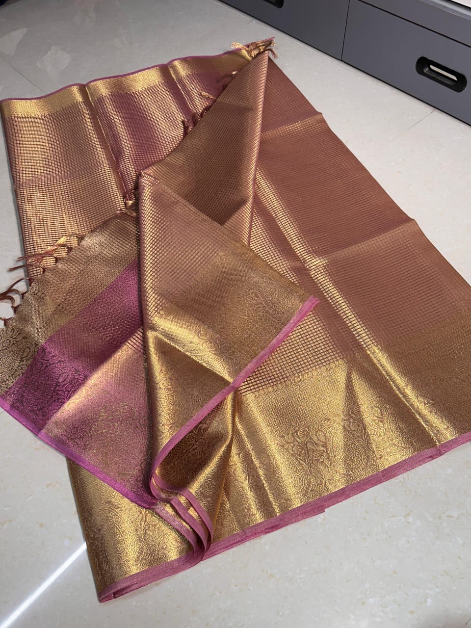 Gold Banarasi Soft Silk Saree with Stunning Contrast Border I Indara Saree