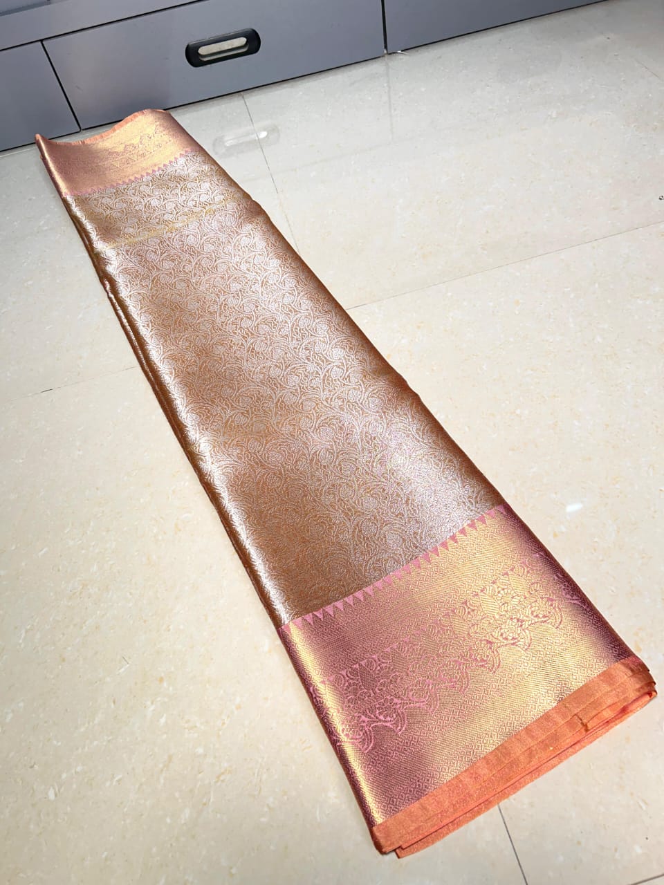 Rose Gold Banarasi Soft Silk Saree with Rich Golden Border I Indara Saree