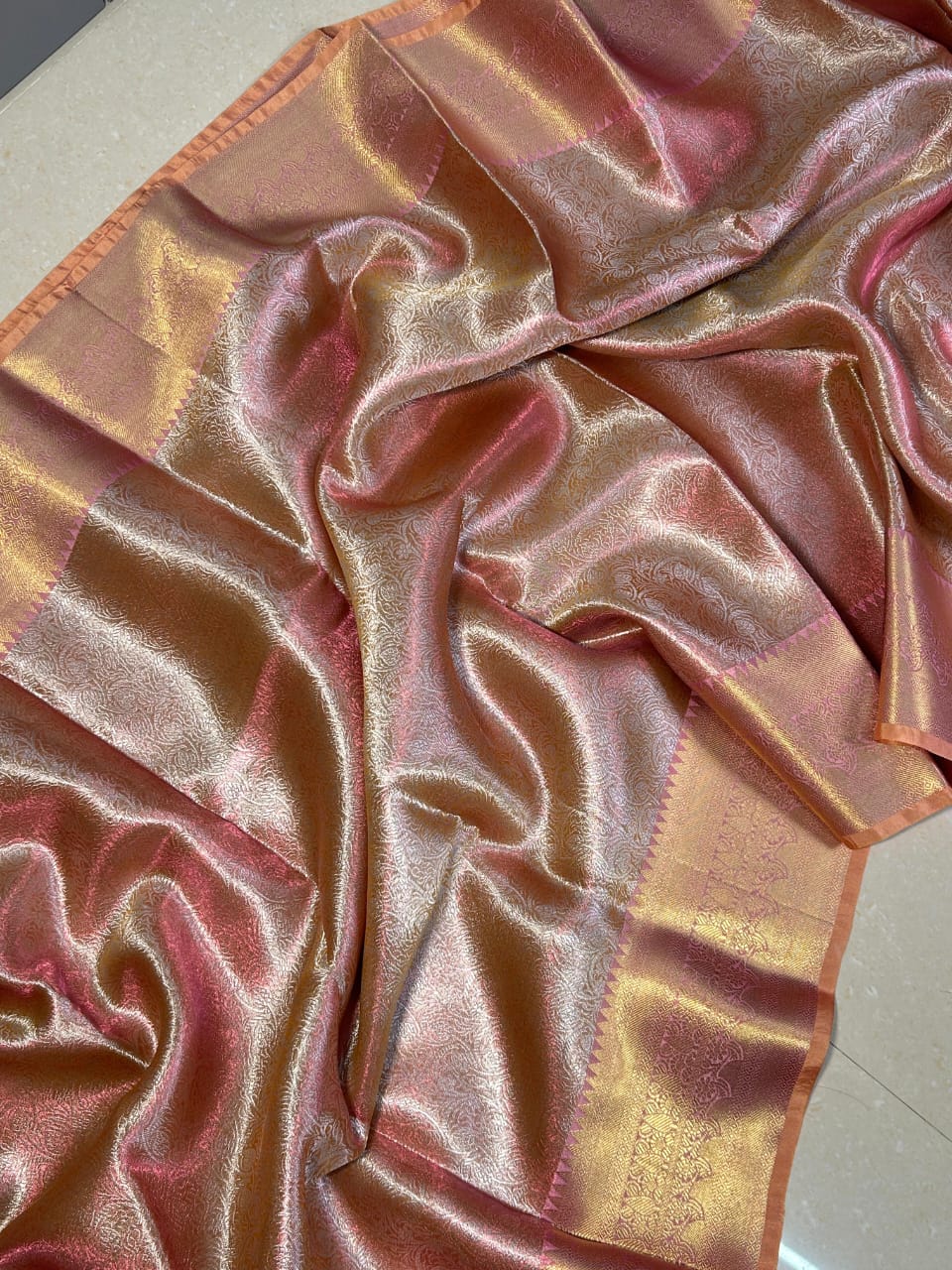 Rose Gold Banarasi Soft Silk Saree with Rich Golden Border I Indara Saree